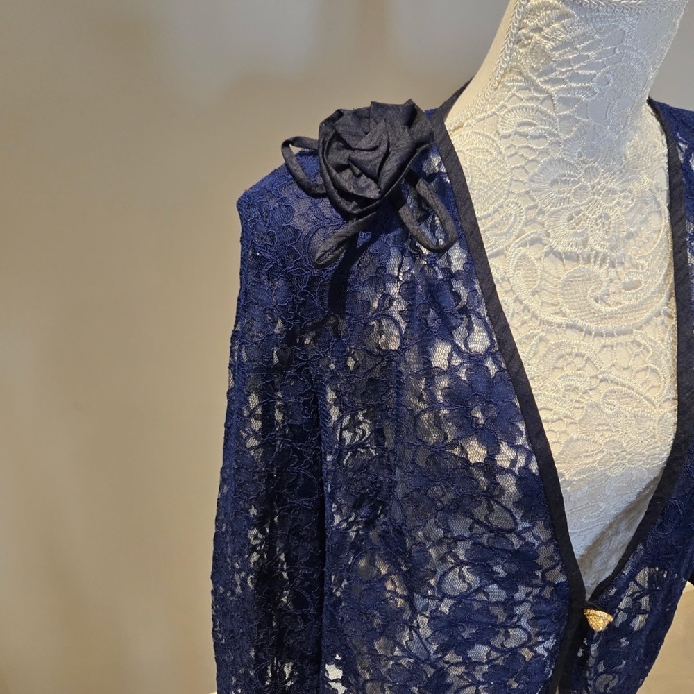 Navy Blue Lace Blazed and Matching Top with Flower Accent - Picture 2 of 8
